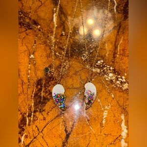 2 BFF Gold Heart Pendant Necklace with Multicolor Glitter